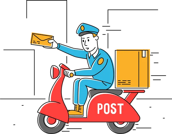Postman delivering parcel through scooter Illustration