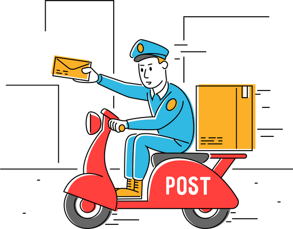 Postman delivering parcel through scooter  Illustration