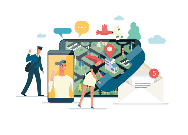 Postman delivering parcel using location app  Illustration