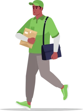 Mail Delivery Semi Flat RGB Color Vector Illustration Postman In Shirt With Bag Worker With Cardboard Package For Order Male African Courier In Green Uniform Isolated Cartoon Characters Kit Illustration