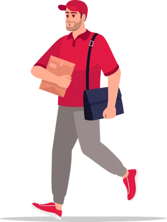 Mail Carrier Semi Flat RGB Color Vector Illustration Postman Walk With Order Worker With Cardboard Package Caucasian Male Courier In Red Uniform Isolated Cartoon Character On White Background Illustration