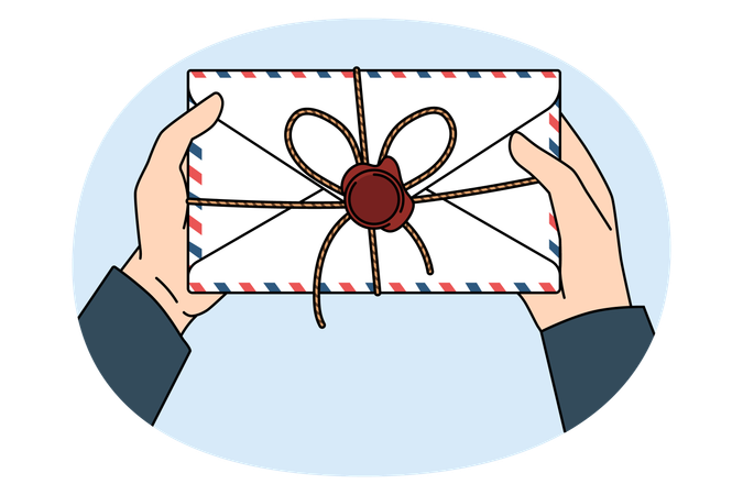 Postman hands holding letter for person with official post stamp in envelope  Illustration