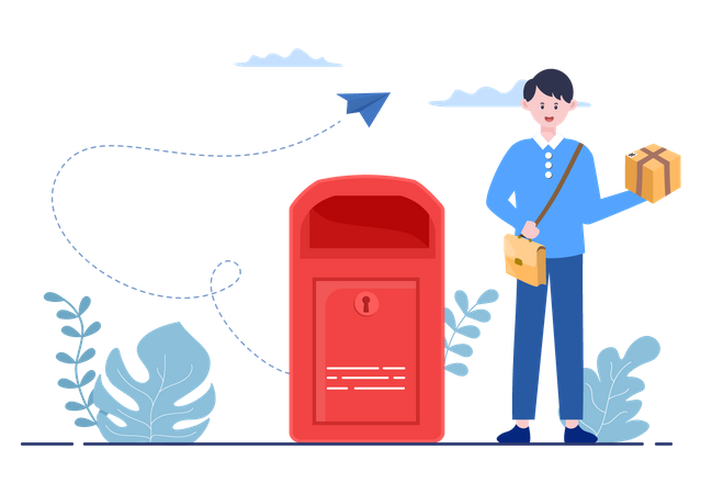 Postman holding courier in hand Illustration