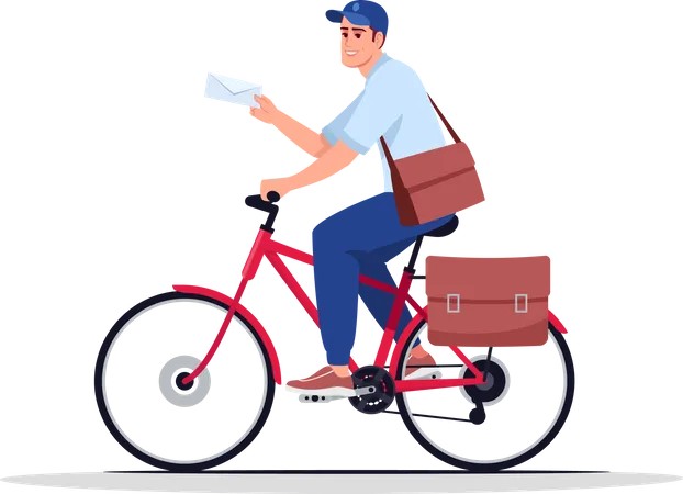 Postman On Bike Semi Flat RGB Color Vector Illustration Mailman With Envelope Postal Carrier Post Service Male Worker Delivering Letter Isolated Cartoon Character On White Background Illustration