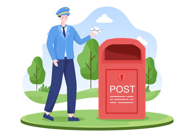 Postman Placing Envelope in Postal Service Mailbox  Illustration