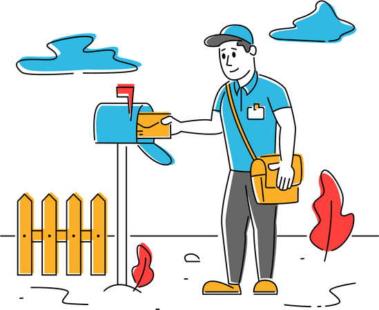Postman posting courier into mailbox Illustration