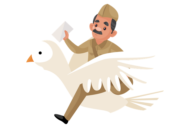 Postman riding pigeon to deliver letters  Illustration