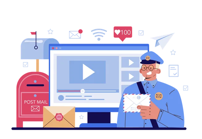 Postman Profession Online Service Or Platform Post Office Staff Providing Mail Service Accepting Of Letter And Package Video Tutorial Flat Vector Illustration Illustration