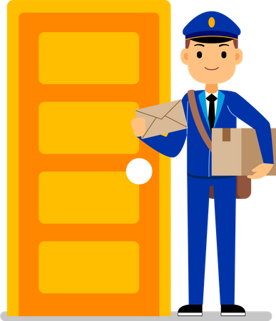 Postman standing at door holding parcel Illustration