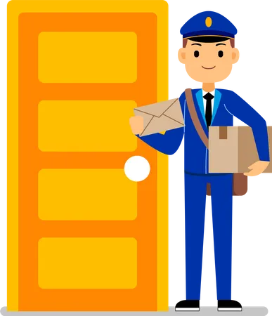 Postman standing at door holding parcel  Illustration