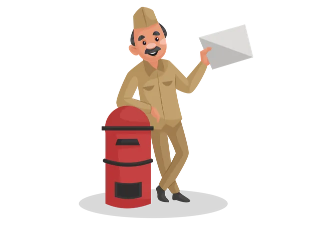 Postman standing beside postbox  Illustration