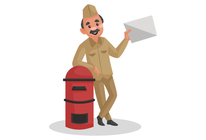 Postman standing beside postbox  Illustration
