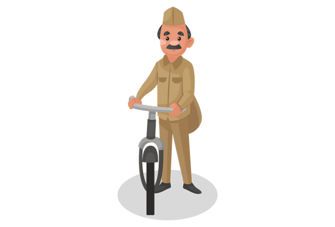 Postman standing with bicycle  Illustration