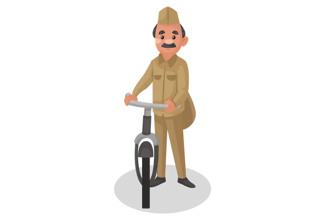 Postman standing with bicycle  Illustration