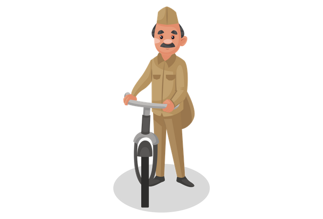 Postman standing with bicycle  Illustration