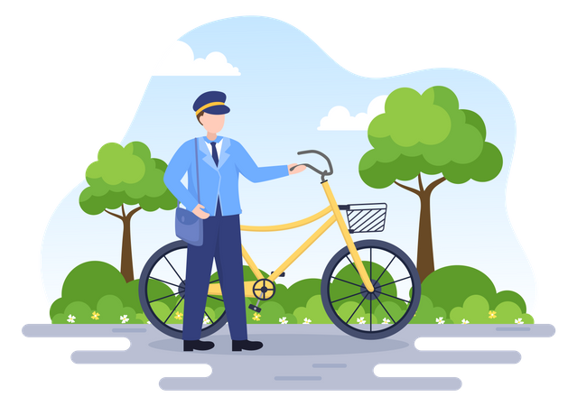 Postman standing with cycle Illustration