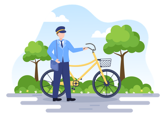 Postman standing with cycle  Illustration