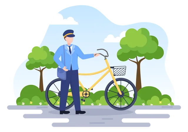 Postman standing with cycle  Illustration