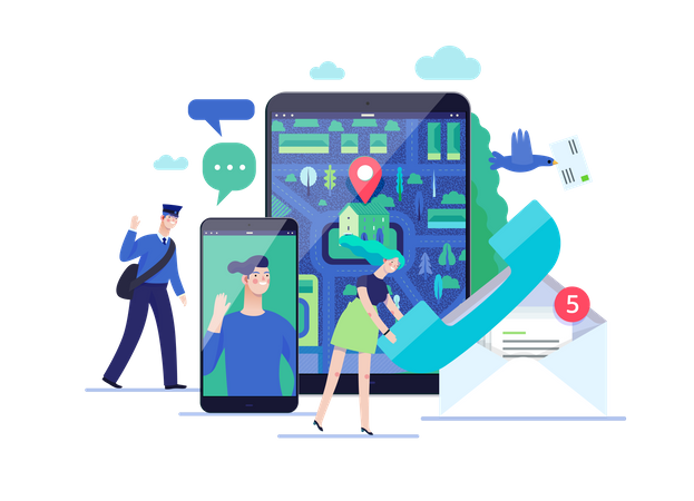 Postman using Location finding application  Illustration