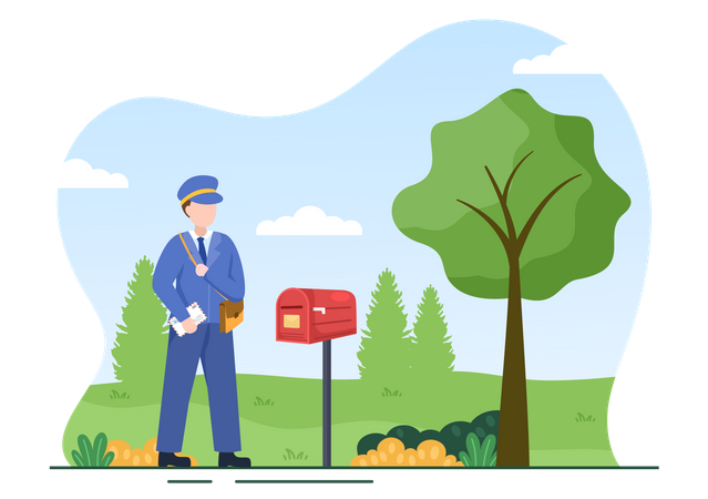 Postman Wearing a Uniform Carrying a Backpack Containing Letters  Illustration