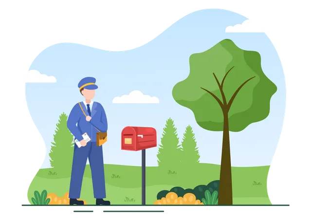 Postman Wearing a Uniform Carrying a Backpack Containing Letters  Illustration