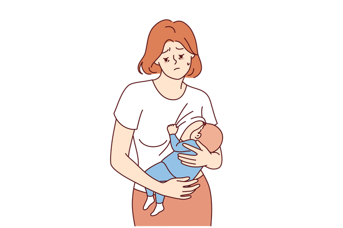 Postnatal depression in frustrated mother who is breastfeeding and forced to raise child alone  Illustration