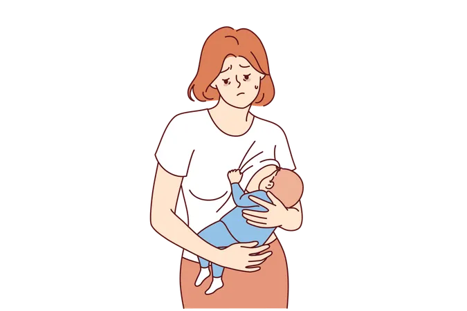 Postnatal depression in frustrated mother who is breastfeeding and forced to raise child alone  Illustration