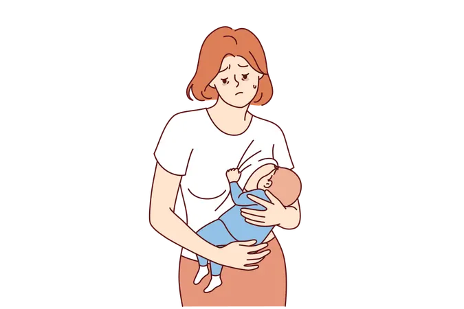 Postnatal depression in frustrated mother who is breastfeeding  Illustration