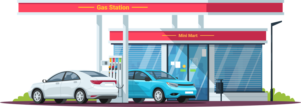 Gás, posto de gasolina com carros  Ilustração