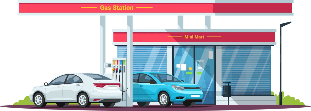 Gás, posto de gasolina com carros  Ilustração