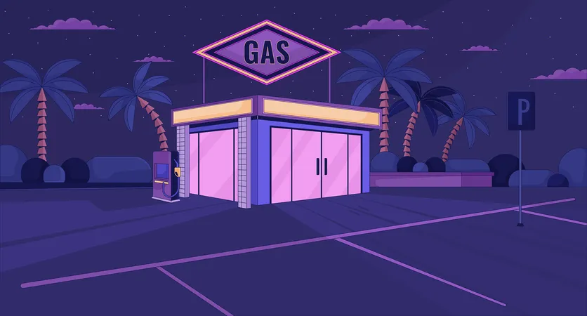 Loja de conveniência em posto de gasolina à noite  Ilustração