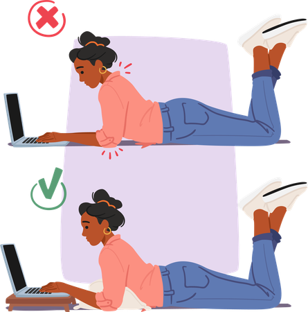 Postura correcta e incorrecta mientras trabaja en la computadora portátil  Ilustración