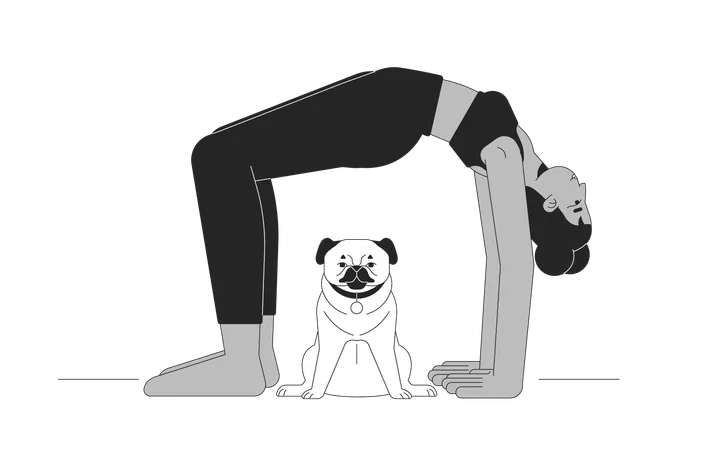 Postura del puente de yoga con un perro carlino como compañero  Ilustración