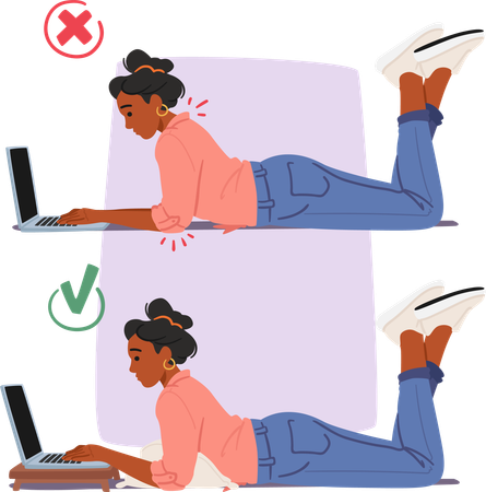 Posture correcte et incorrecte lorsque vous travaillez sur un ordinateur portable  Illustration