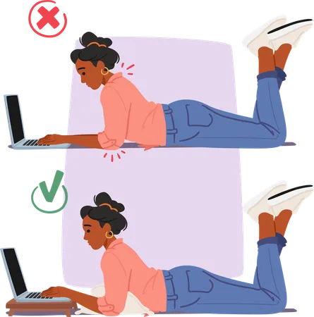 Posture correcte et incorrecte lorsque vous travaillez sur un ordinateur portable  Illustration