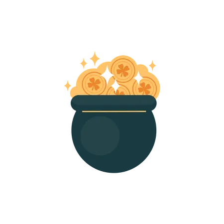 Pot of golden coin with clover leaf  Illustration