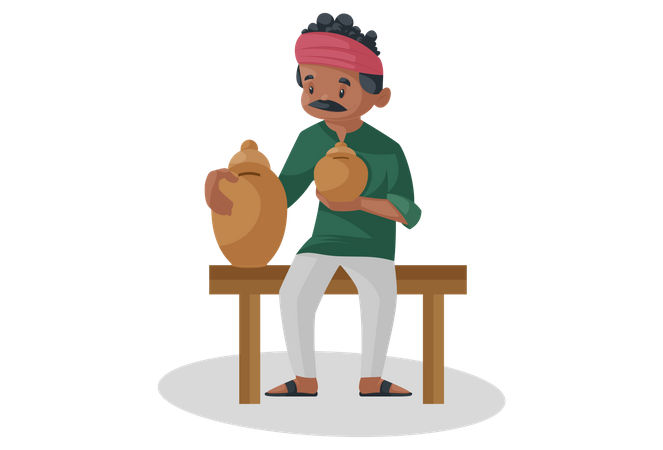 Le potier indien est assis et tient Gullak à la main  Illustration