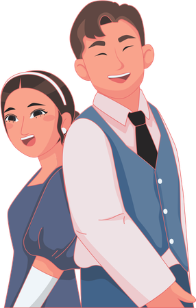 Potrait blue-pink bride and groom  Illustration