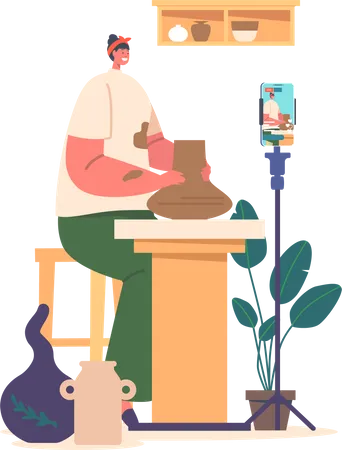 Potter Female Character Produce Pots And Record Video Tutorials Skilled Woman Shaping Pottery On Wheel Using Her Hands To Mold And Form Clay Into Beautiful And Unique Creations Vector Illustration Illustration