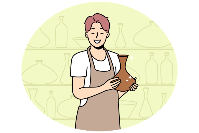 Potter in apron holds jug made in pottery workshop  Illustration