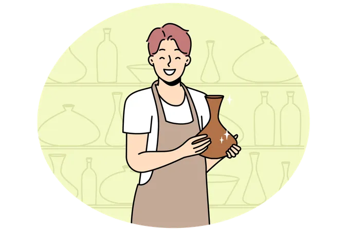 Potter in apron holds jug made in pottery workshop  Illustration