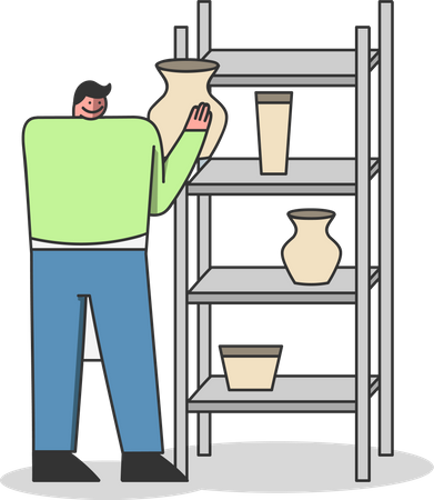 Pottery artist placing clay jar on cupboard Illustration