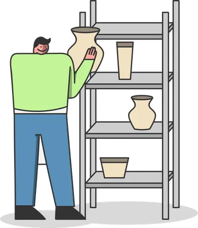 Pottery Artist Placing Clay Jar On Cupboard With Handmade Production Potter And Ceramic Workshop Concept Male Craftsman Earthenware Production Cartoon Vector Illustration 일러스트레이션