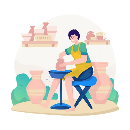 A Young Man Makes Hand Pottery In A Craft Workshop Illustration
