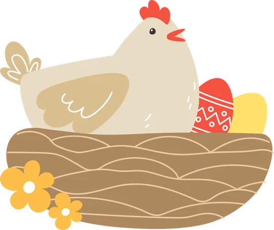 Poulet et oeufs de Pâques dans le nid  Illustration