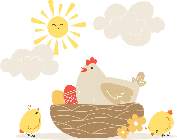 Poule et poussins et œufs peints dans le nid pour les vacances  Illustration