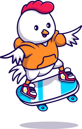 Poulet cool jouant au skateboard  Illustration