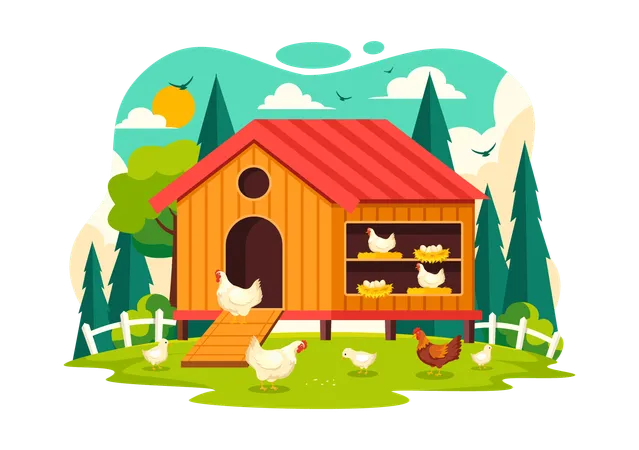 Poultry Farm Vector Illustration With Chickens Roosters Straw Cage And Egg On Scenery Of Green Field In Flat Cartoon Background Design Illustration