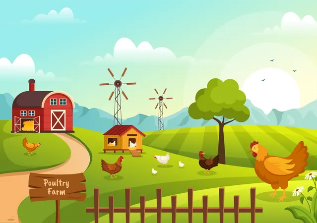 Poultry Farming With Farmer Cage Chicken And Egg Farm On Green Field Background View In Hand Drawn Cute Cartoon Template Illustration Illustration