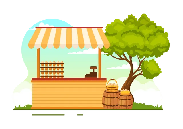 Poultry Farm Vector Illustration With Chickens Roosters Straw Cage And Egg On Scenery Of Green Field Background In Flat Cartoon Design 일러스트레이션